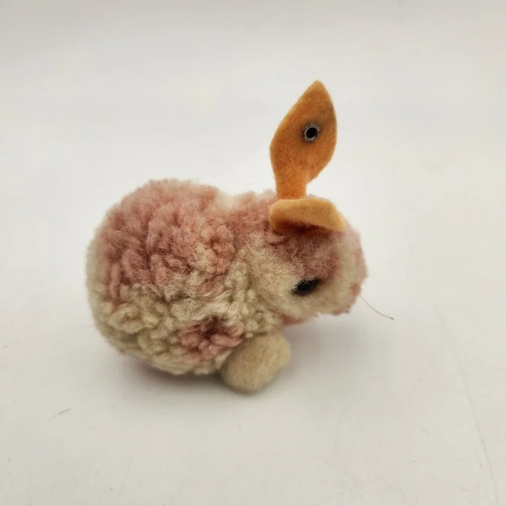 Vintage Steiff Pink Cream Wool Pompon Bunny Rabbit Miniature Metal Button Ear